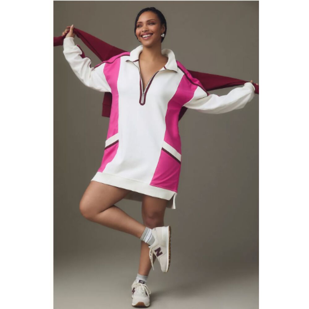 Daily Practice Anthropologie Colorblock Quarter Zip Sweatshirt Dress Pink M NWT